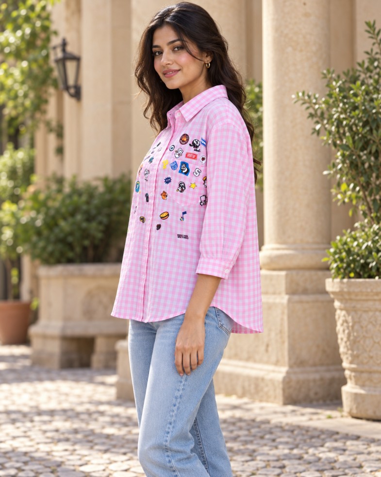 AAVARI Women’s Pink Gingham Checked Shirt with Colourful Graphic Motifs