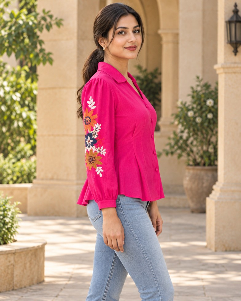 AAVARI Women’s Hot Pink Floral Embroidered Sleeve Top with Collar and Button Front