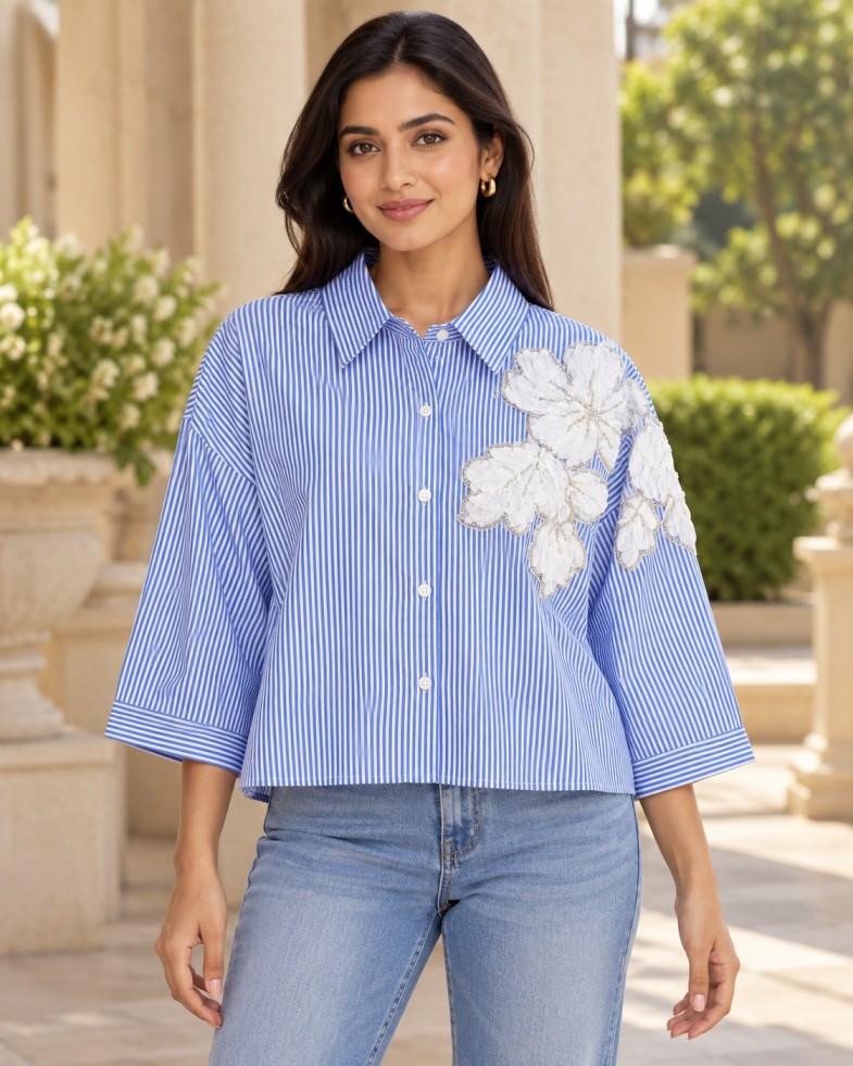 AAVARI Women’s Blue & White Striped Shirt with Floral Appliqué