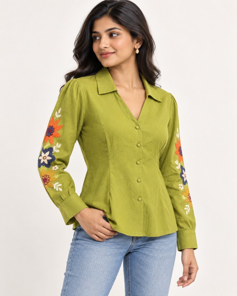 AAVARI Women’s Olive Green Floral Embroidered Top with Collared V-Neck & Full Sleeves