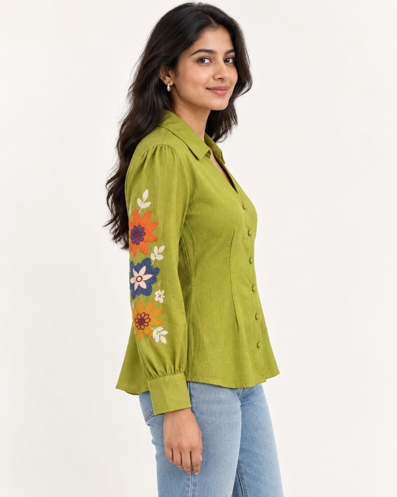 AAVARI Women’s Olive Green Floral Embroidered Top with Collared V-Neck & Full Sleeves