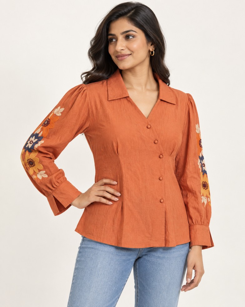 AAVARI Women’s Rust Orange Floral Embroidered Top with Collared V-Neck & Full Sleeves