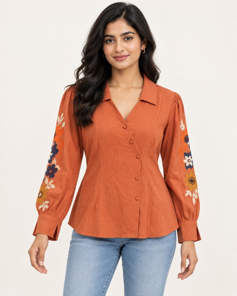 AAVARI Women’s Rust Orange Floral Embroidered Top with Collared V-Neck & Full Sleeves