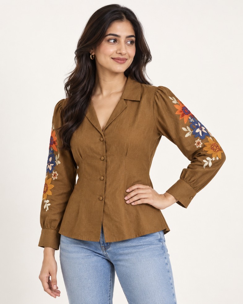 AAVARI Women’s Brown Floral Embroidered Top with Full Sleeves & Collared V-Neck