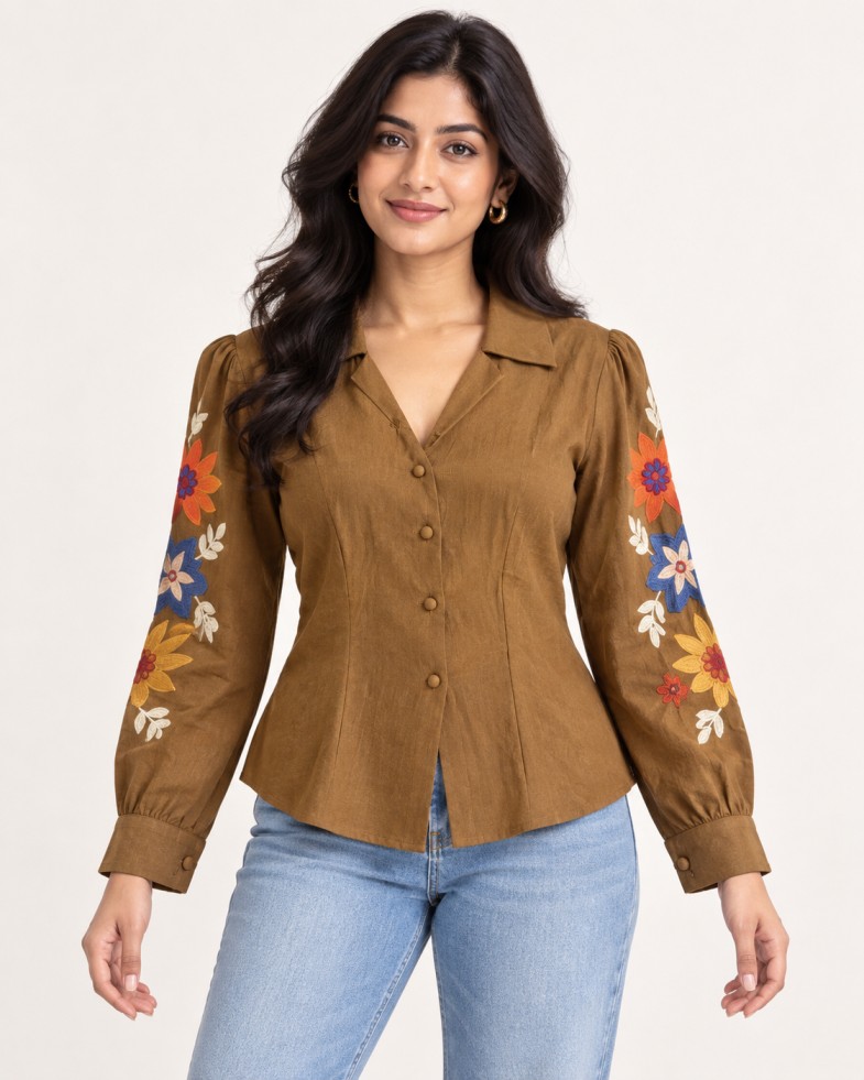 AAVARI Women’s Brown Floral Embroidered Top with Full Sleeves & Collared V-Neck