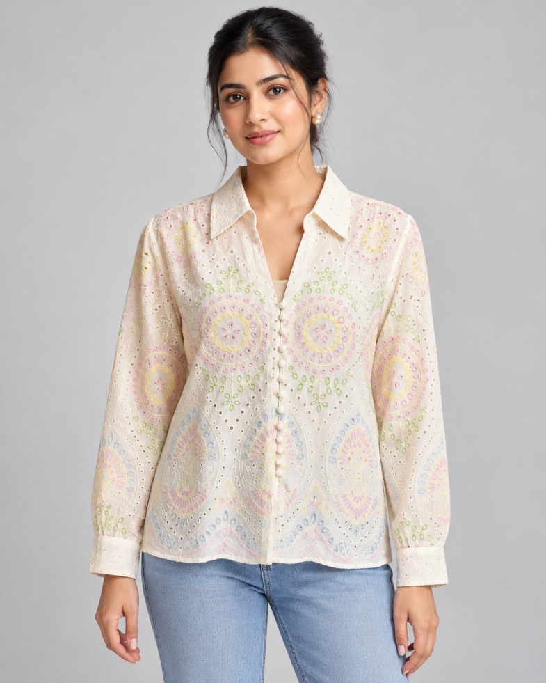 AAVARI Women’s Ivory Pastel Embroidered Collared Top with Full Sleeves