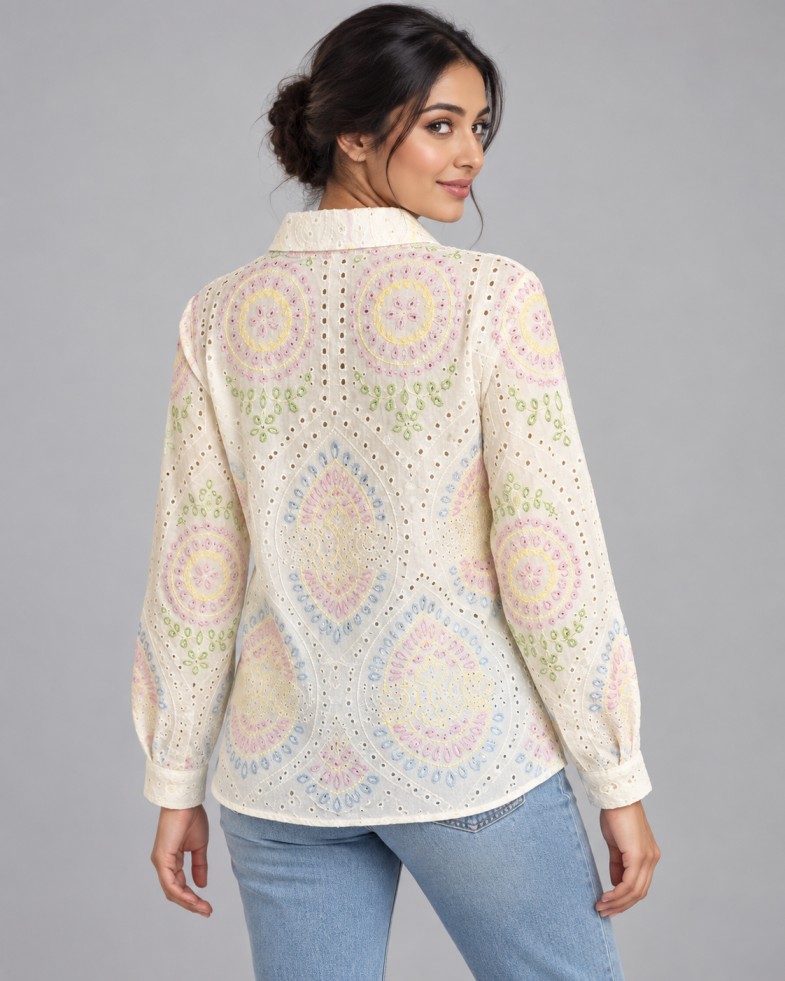 AAVARI Women’s Ivory Pastel Embroidered Collared Top with Full Sleeves