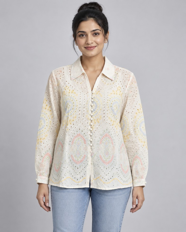 AAVARI Women’s Ivory Eyelet Embroidered Top with Pastel Motifs & Full Sleeves