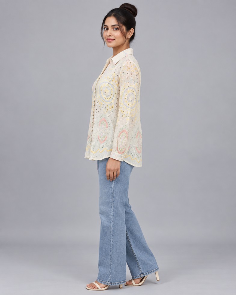 AAVARI Women’s Ivory Eyelet Embroidered Top with Pastel Motifs & Full Sleeves