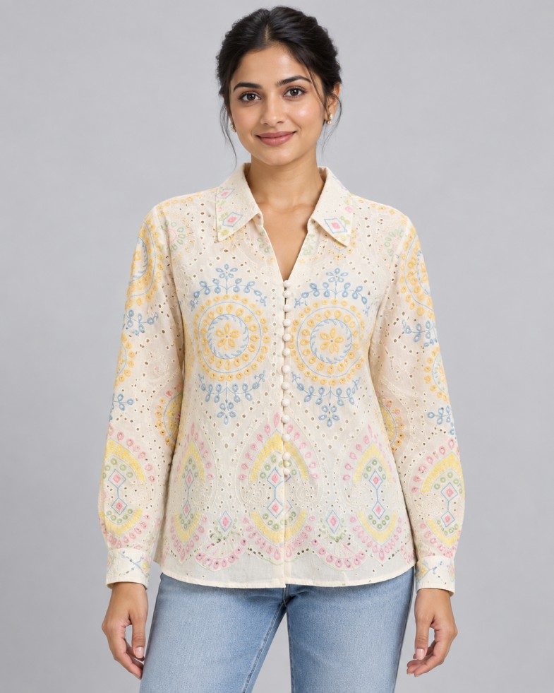 AAVARI Women’s Ivory Yellow & Blue Embroidered Collared Top with Full Sleeves