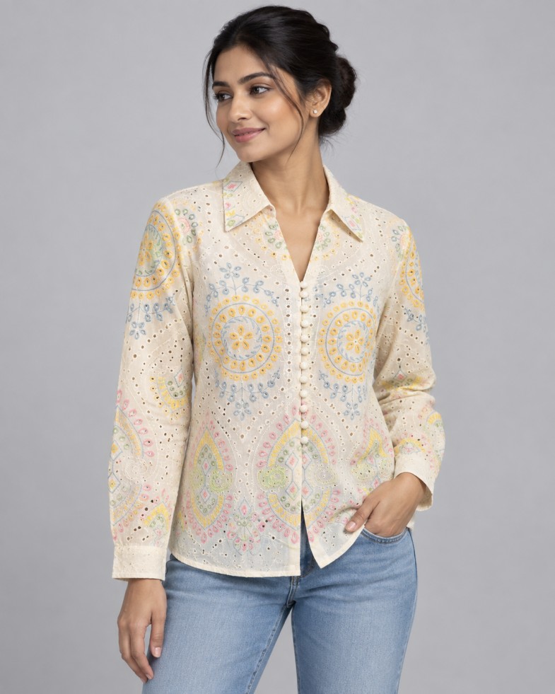 AAVARI Women’s Ivory Yellow & Blue Embroidered Collared Top with Full Sleeves