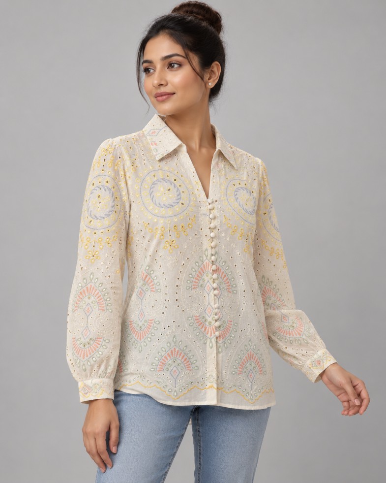 AAVARI Women’s Ivory Pastel Floral & Paisley Embroidered Collared Top
