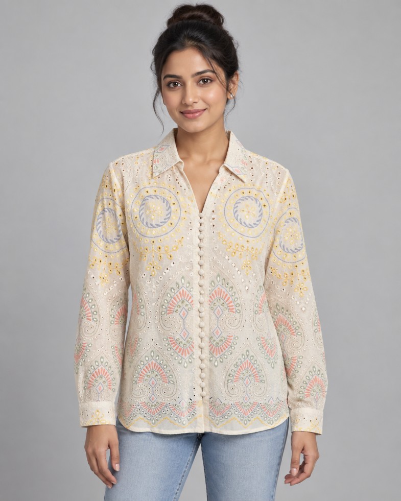AAVARI Women’s Ivory Pastel Floral & Paisley Embroidered Collared Top