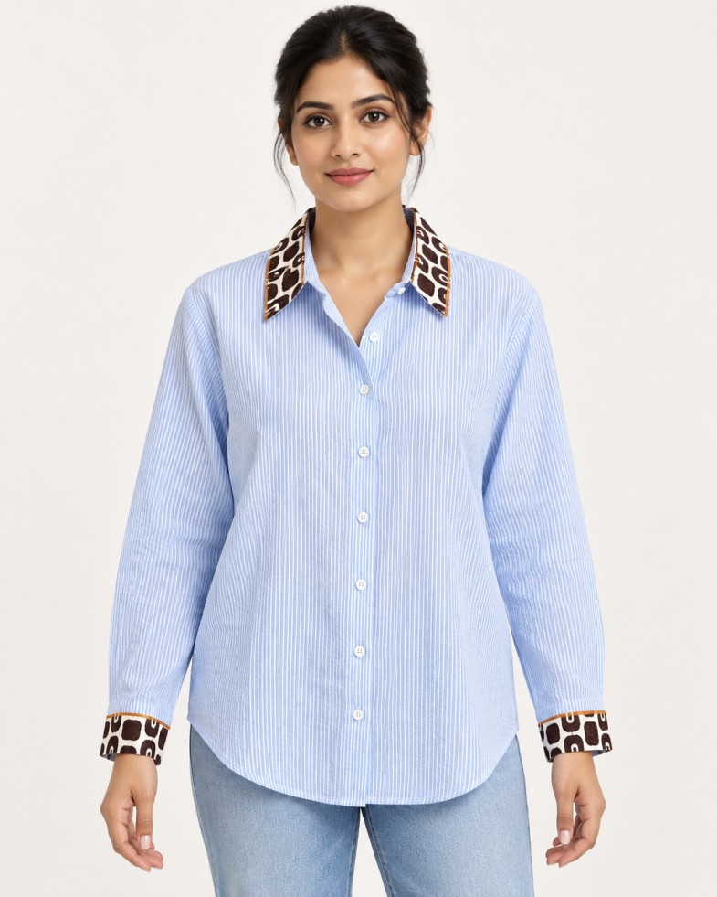 AAVARI Women’s Light Blue Striped Shirt with Contrast Printed Collar & Cuffs