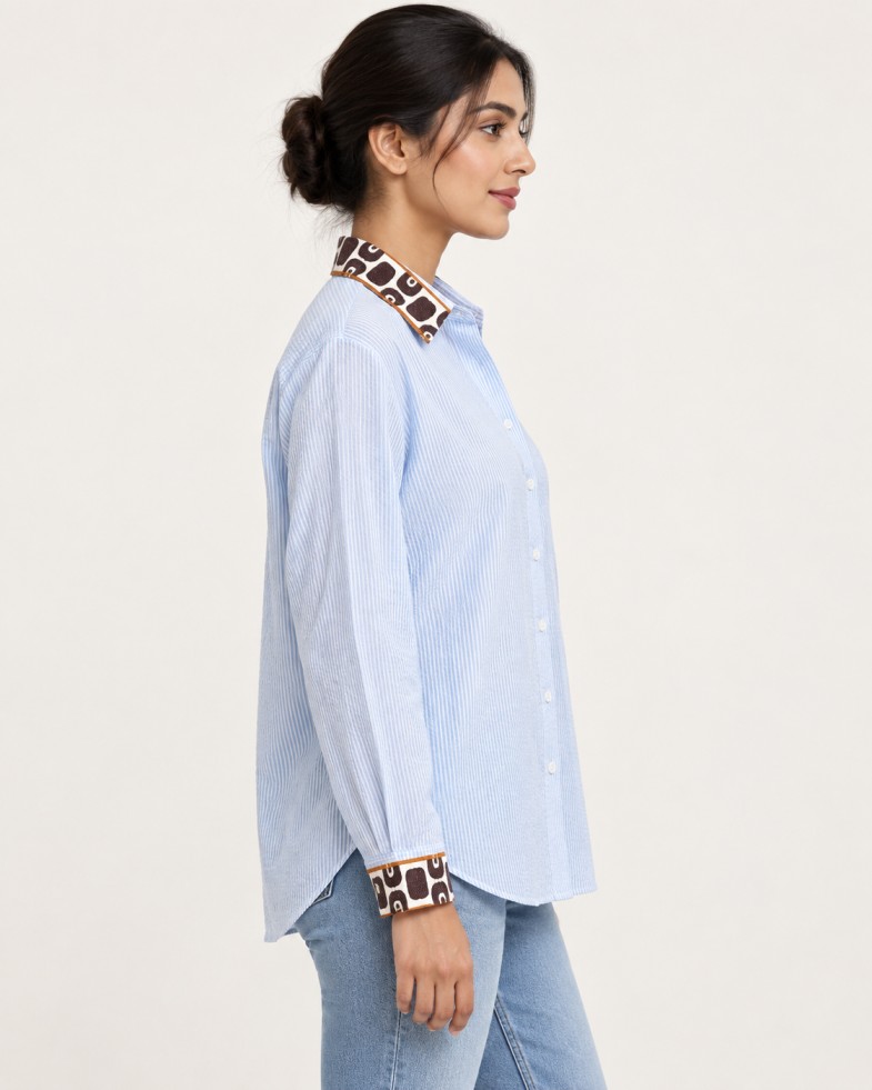 AAVARI Women’s Light Blue Striped Shirt with Contrast Printed Collar & Cuffs
