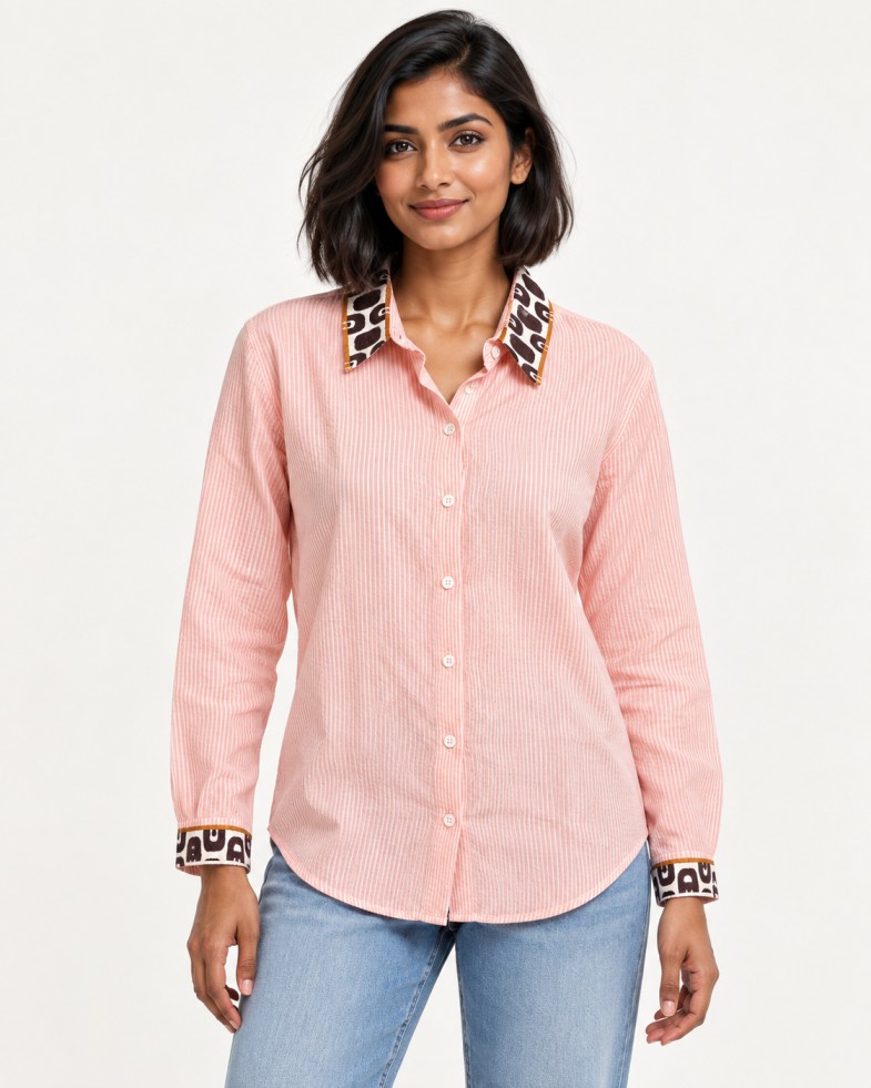 AAVARI Women’s Peach Pink Striped Shirt with Contrast Printed Collar & Cuffs