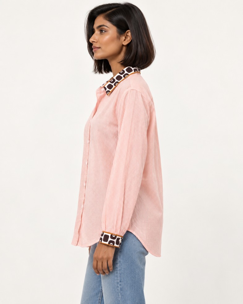 AAVARI Women’s Peach Pink Striped Shirt with Contrast Printed Collar & Cuffs