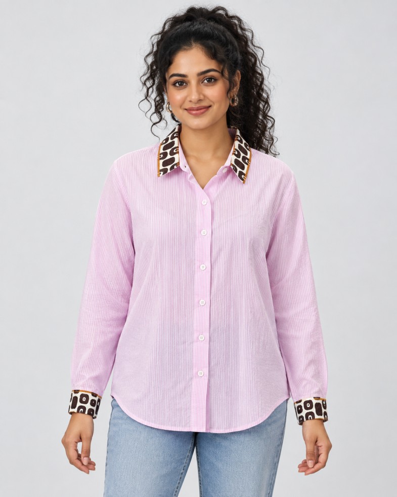 AAVARI Women’s Lilac Pink Striped Shirt with Contrast Printed Collar & Cuffs