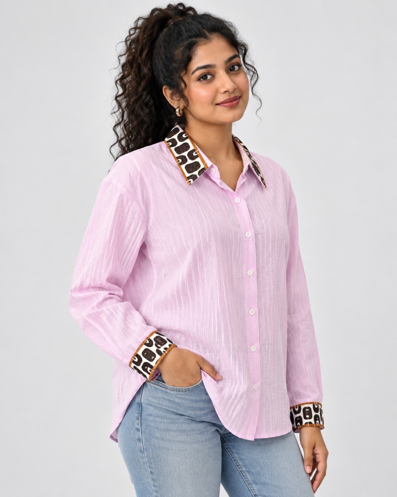 AAVARI Women’s Lilac Pink Striped Shirt with Contrast Printed Collar & Cuffs