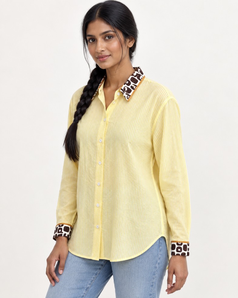 AAVARI Women’s Lemon Yellow Striped Shirt with Contrast Printed Collar & Cuffs