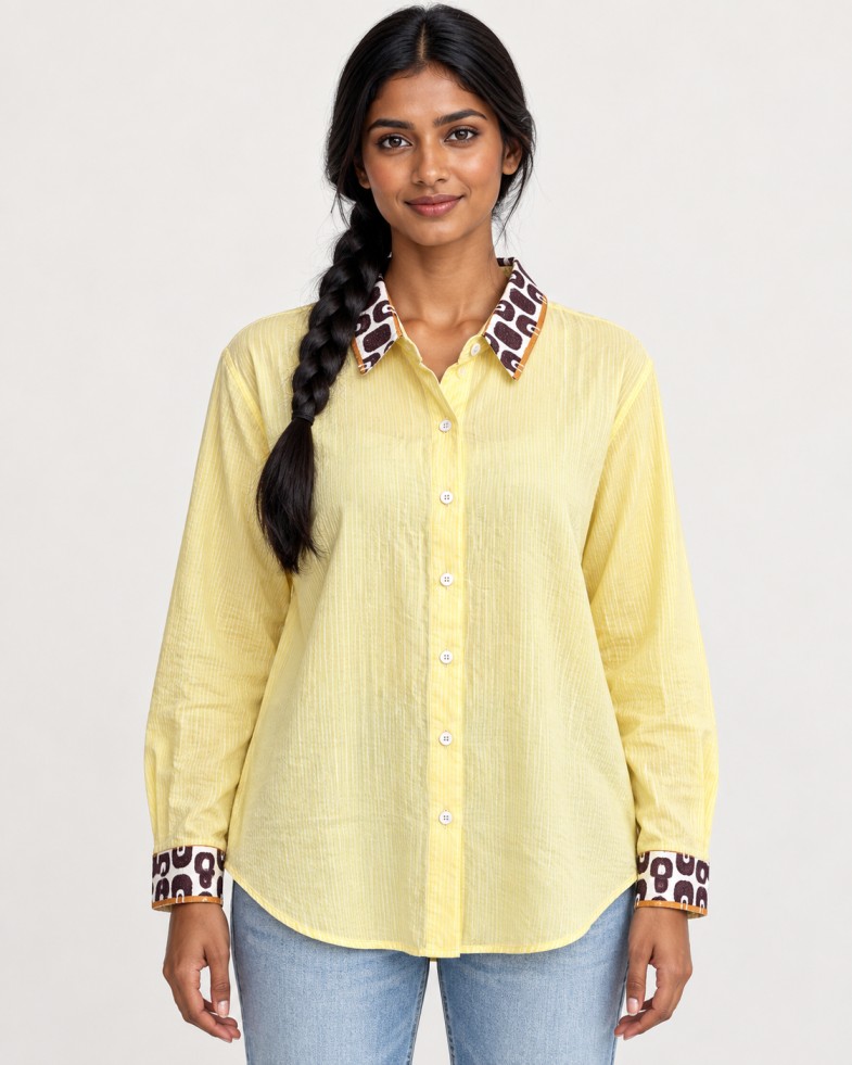 AAVARI Women’s Lemon Yellow Striped Shirt with Contrast Printed Collar & Cuffs