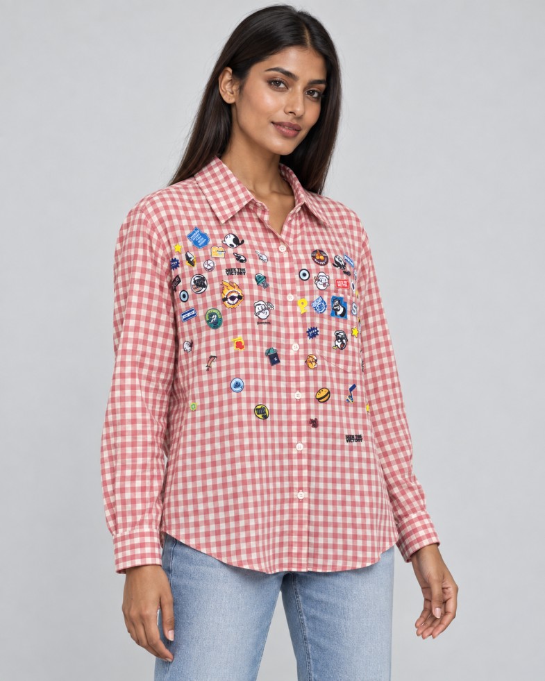 AAVARI Women’s Pink Gingham Check Shirt with Colourful Graphic Print & Full Sleeves