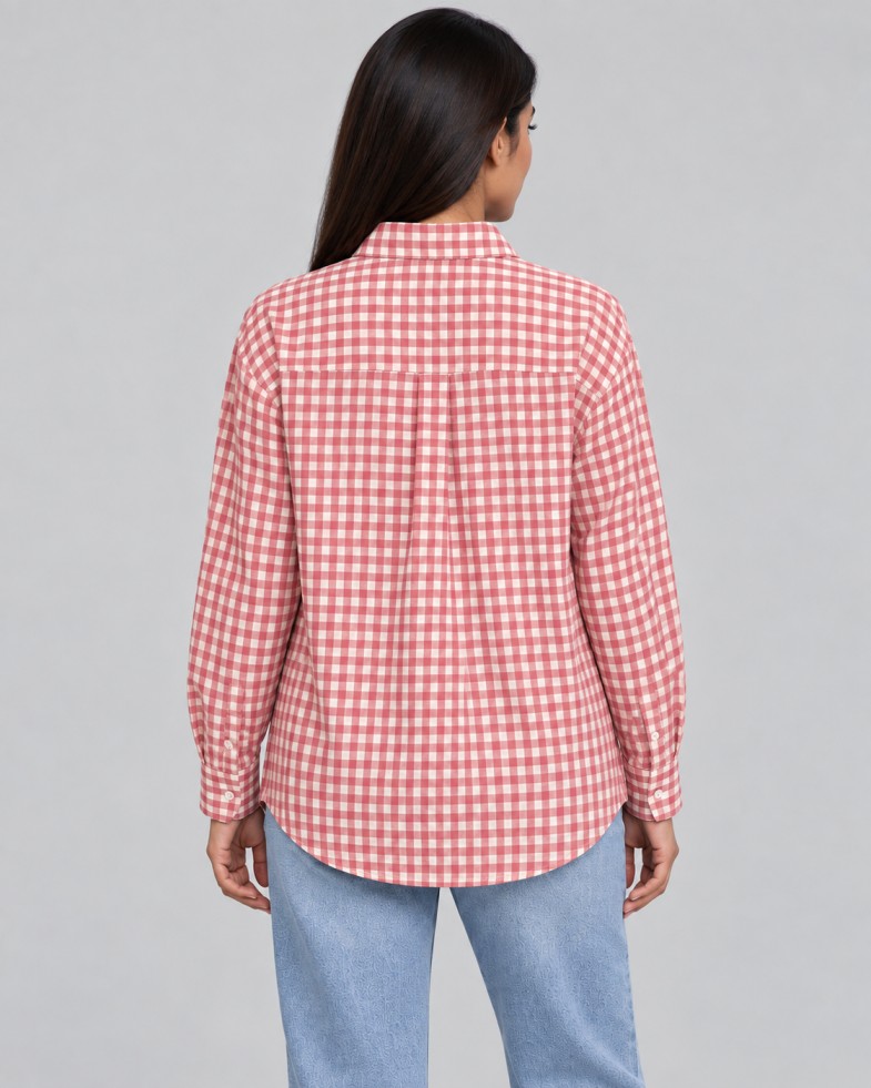 AAVARI Women’s Pink Gingham Check Shirt with Colourful Graphic Print & Full Sleeves