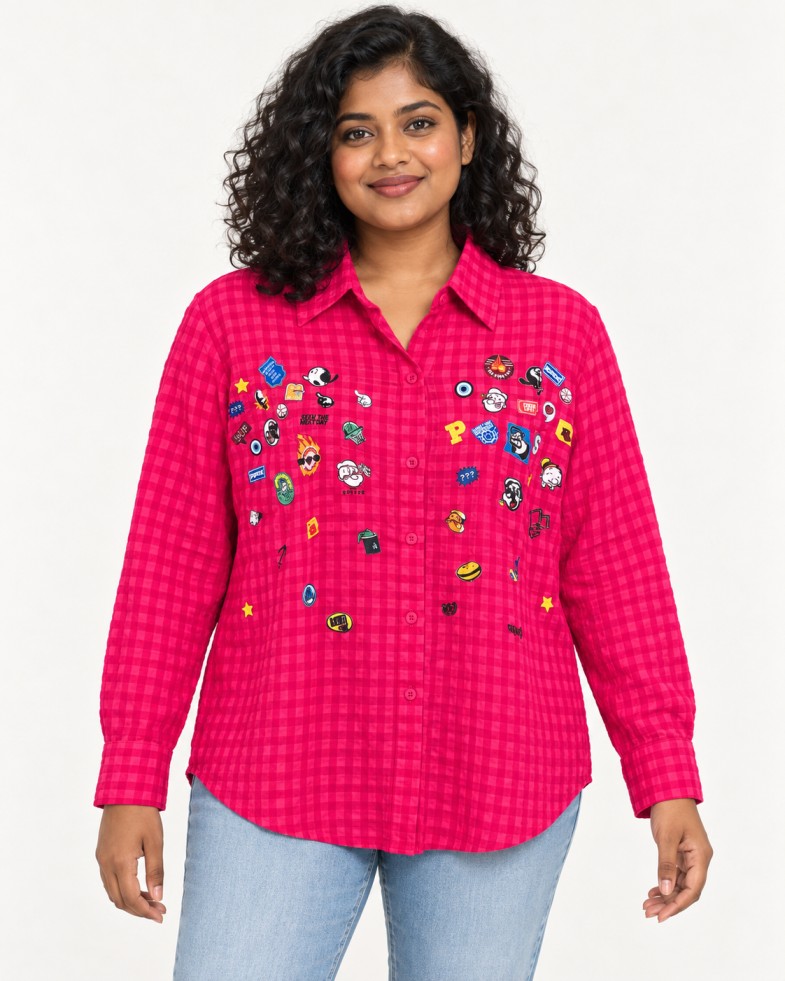 AAVARI Women’s Fuchsia Pink Checked Shirt with Colourful Graphic Print & Full Sleeves