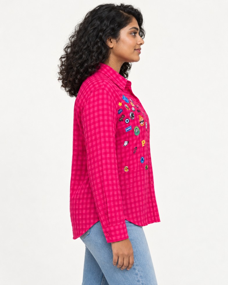 AAVARI Women’s Fuchsia Pink Checked Shirt with Colourful Graphic Print & Full Sleeves