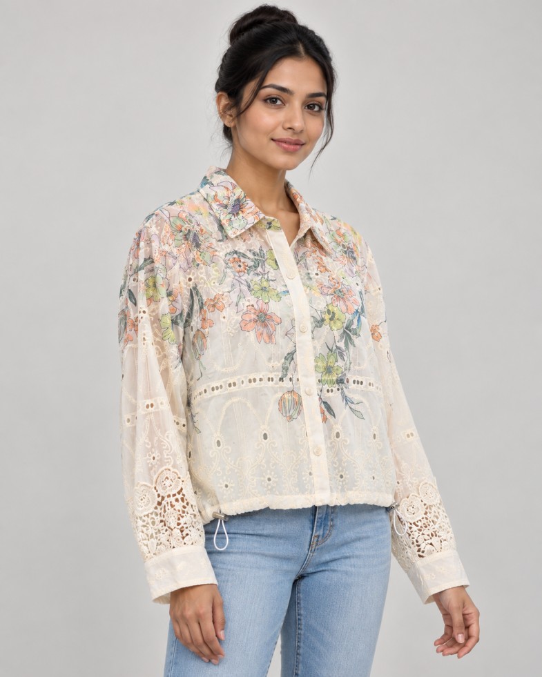 AAVARI Women’s Ivory Floral Embroidered Shirt with Lace Sleeves & Drawstring Hem