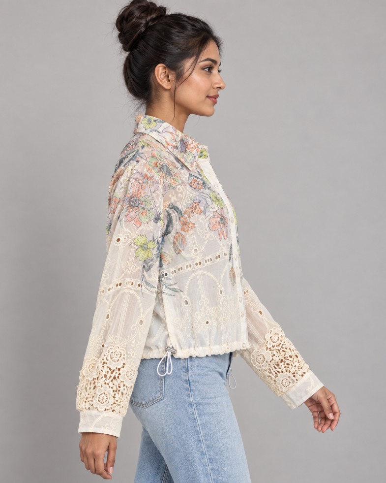 AAVARI Women’s Ivory Floral Embroidered Shirt with Lace Sleeves & Drawstring Hem