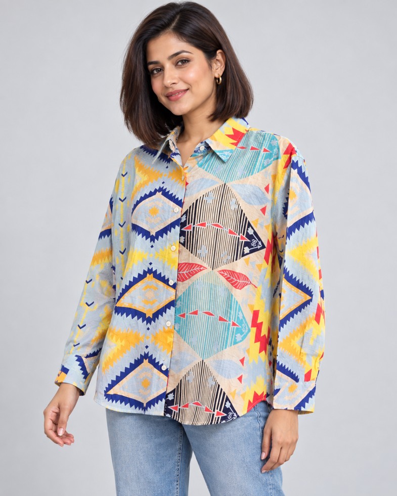AAVARI Women’s Light Blue Geometric Printed Shirt with Full Sleeves