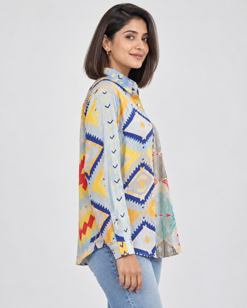 AAVARI Women’s Light Blue Geometric Printed Shirt with Full Sleeves