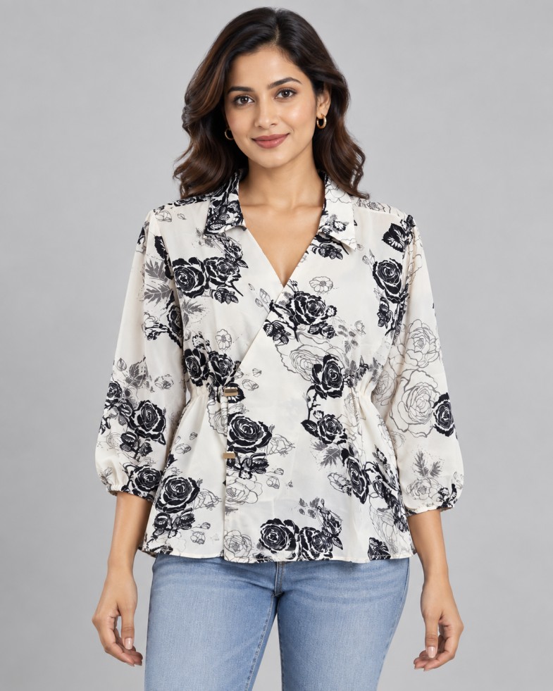 AAVARI Women’s Ivory & Black Floral Print Collared Wrap-Style Peplum Top
