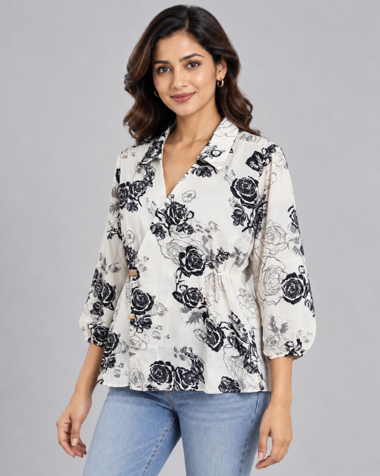 AAVARI Women’s Ivory & Black Floral Print Collared Wrap-Style Peplum Top