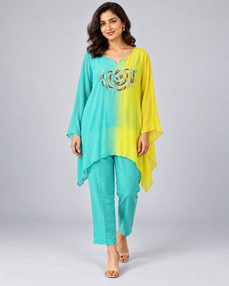 AAVARI Women’s Aqua & Lime Yellow Embroidered Kaftan Co-ord Set with Trousers