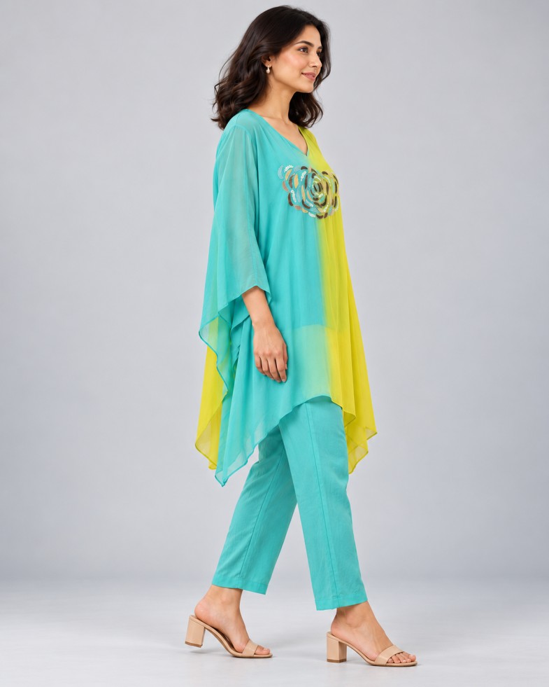 AAVARI Women’s Aqua & Lime Yellow Embroidered Kaftan Co-ord Set with Trousers