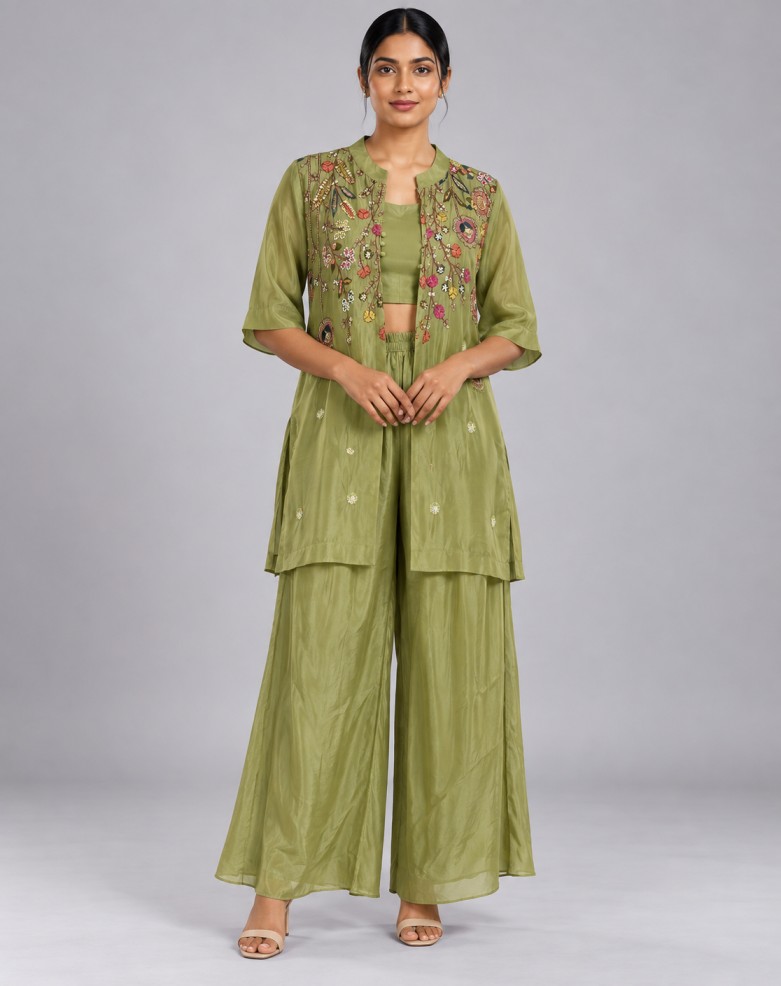 AAVARI Women’s Olive Green Embroidered 3-Piece Co-ord Set with Long Jacket, Crop Top & Palazzo Pants
