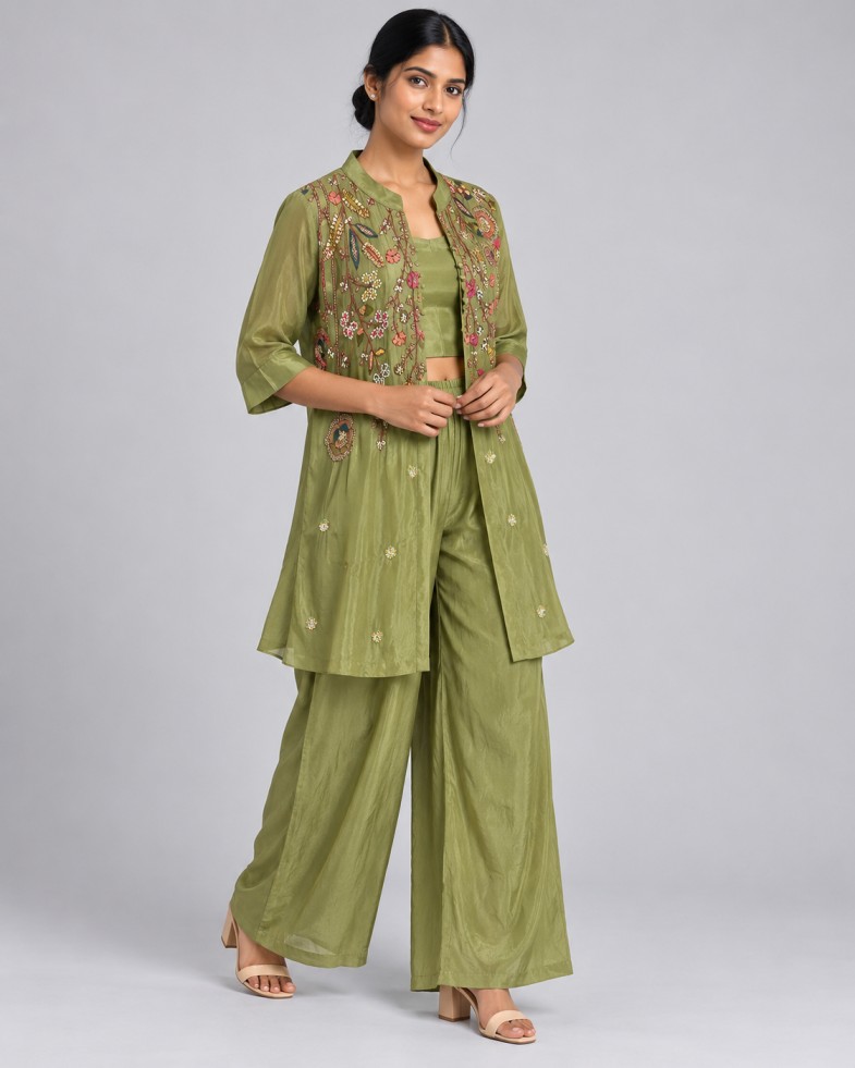 AAVARI Women’s Olive Green Embroidered 3-Piece Co-ord Set with Long Jacket, Crop Top & Palazzo Pants