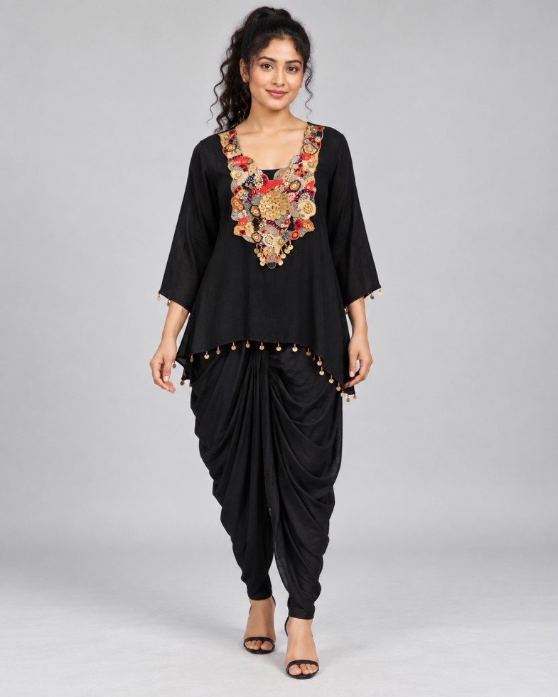AAVARI Women’s Black Embellished Top & Dhoti Pant Co-ord Set