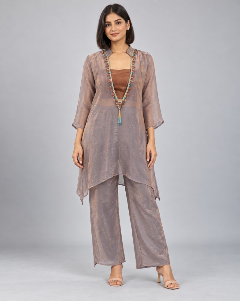 AAVARI Women’s Taupe Embellished 3-Piece Co-ord Set with Sheer Tunic, Brown Inner & Palazzo Pants