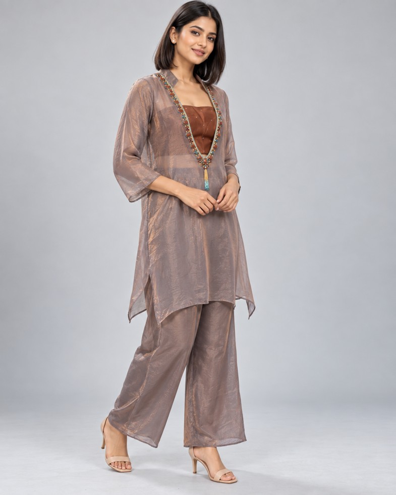 AAVARI Women’s Taupe Embellished 3-Piece Co-ord Set with Sheer Tunic, Brown Inner & Palazzo Pants