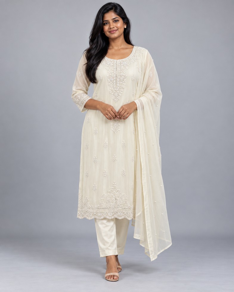 AAVARI Ivory Embellished Kurta Set with Straight Pants & Dupatta