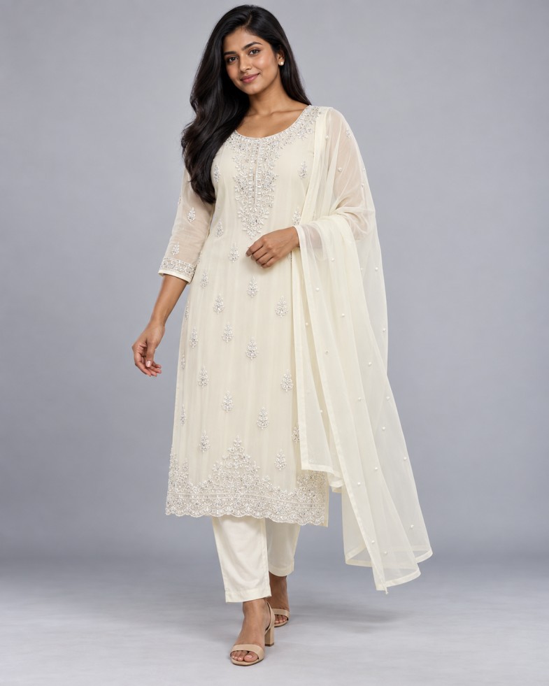 AAVARI Ivory Embellished Kurta Set with Straight Pants & Dupatta