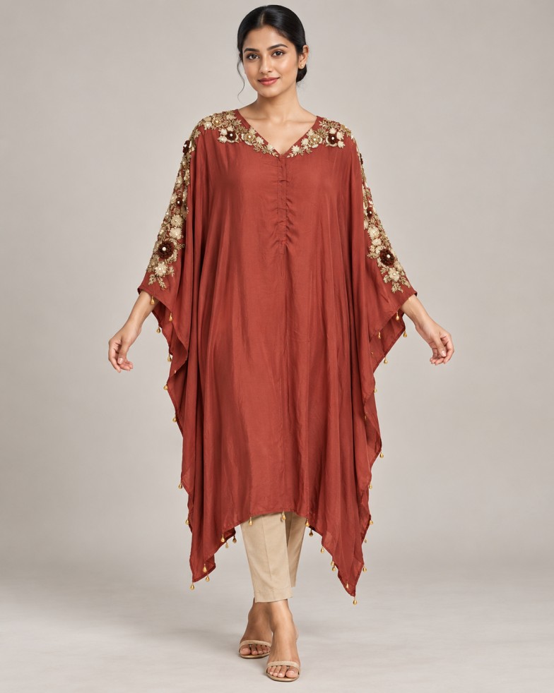 AAVARI Rust Floral Embellished Kaftan Kurta with Asymmetric Hem