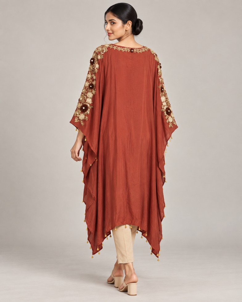 AAVARI Rust Floral Embellished Kaftan Kurta with Asymmetric Hem