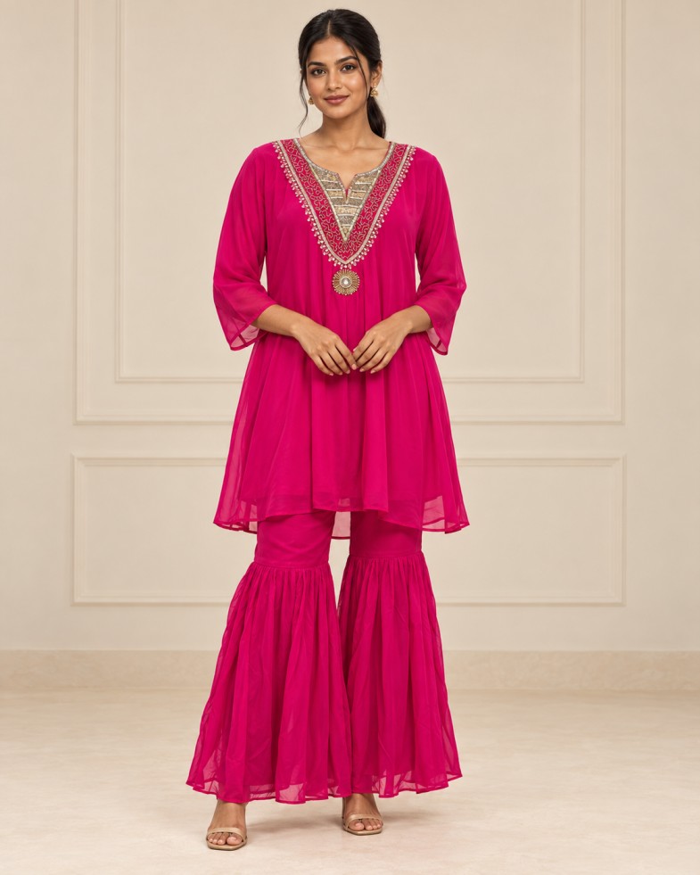 AAVARI Women’s Fuchsia Pink Embellished Kurta & Sharara Set