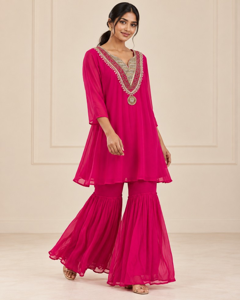 AAVARI Women’s Fuchsia Pink Embellished Kurta & Sharara Set