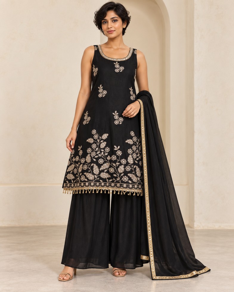 AAVARI Women’s Black Gold Floral Embroidered Kurta Set with Dupatta