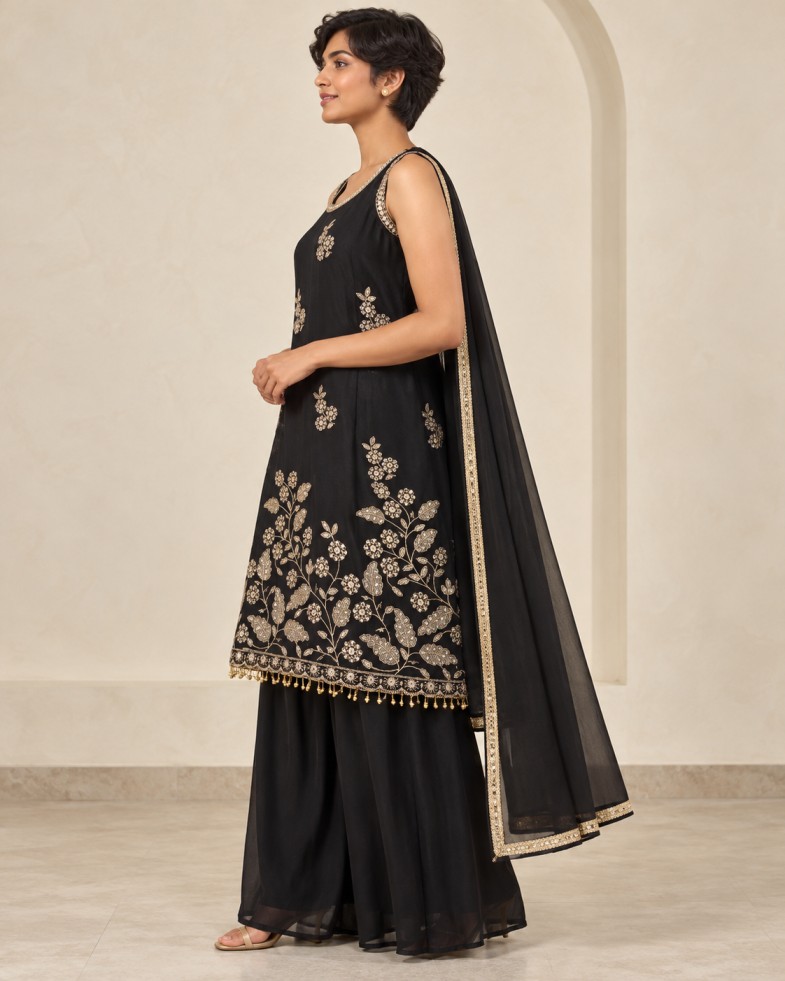 AAVARI Women’s Black Gold Floral Embroidered Kurta Set with Dupatta